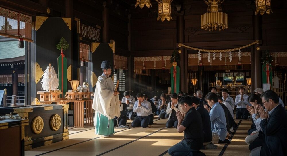 荘厳な日本の神社で、参拝者が祈祷を受けている様子。厳粛な雰囲気の中、神職が儀式を執り行っている。