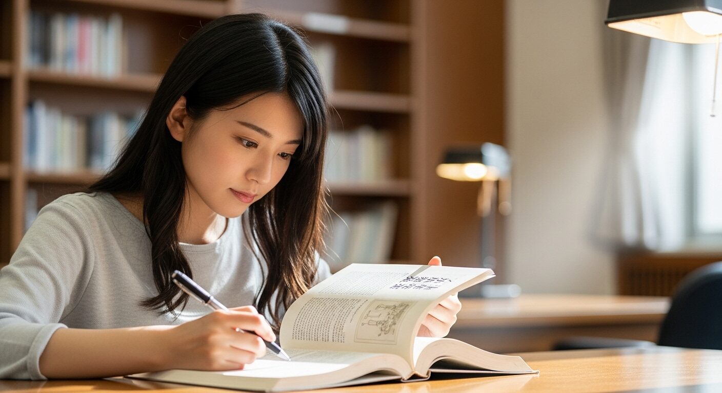 図書館のような静かな空間で、日本の美しい女子学生が古文の参考書をつかって勉強している