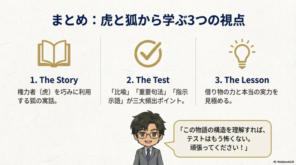 虎の威を借る狐から学ぶ3つの視点（ストーリー、テスト対策、教訓）をまとめたスライド。「テストはもう怖くない」というメッセージ付き。