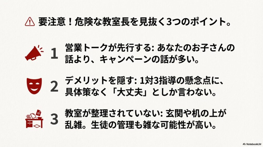 営業トークが先行する、デメリットを隠す、教室が整理されていないなど、避けるべき教室長の特徴。