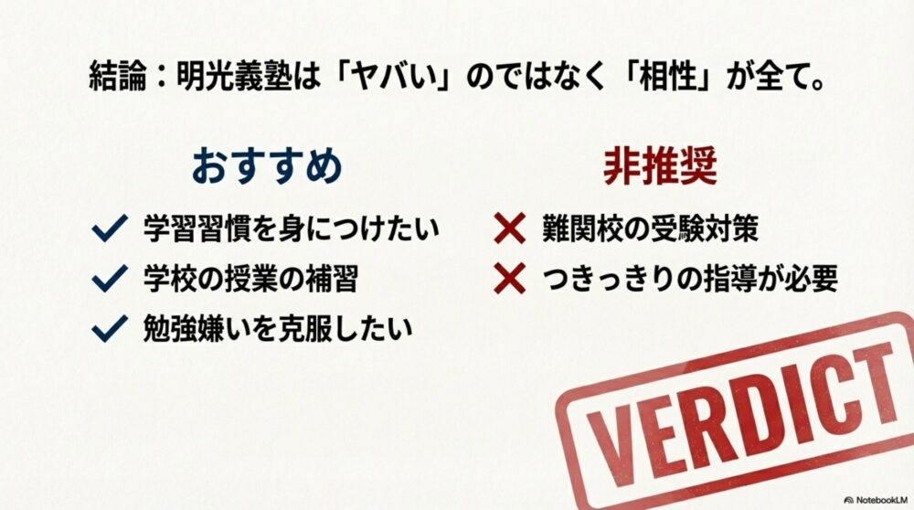 学習習慣を身につけたい子にはおすすめだが、つきっきりの指導や難関校対策を求める場合は非推奨という結論。