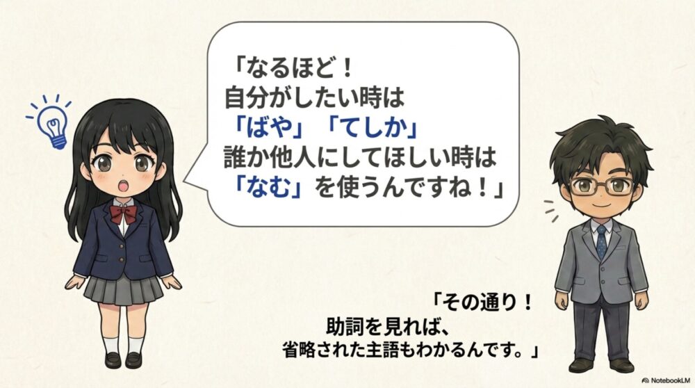 願望の終助詞の使い分け解説。「自分がしたい時は『ばや』『てしか』」、「他人ににてほしい時は『なむ』」という法則に気づく女子生徒と解説する先生のイラスト。