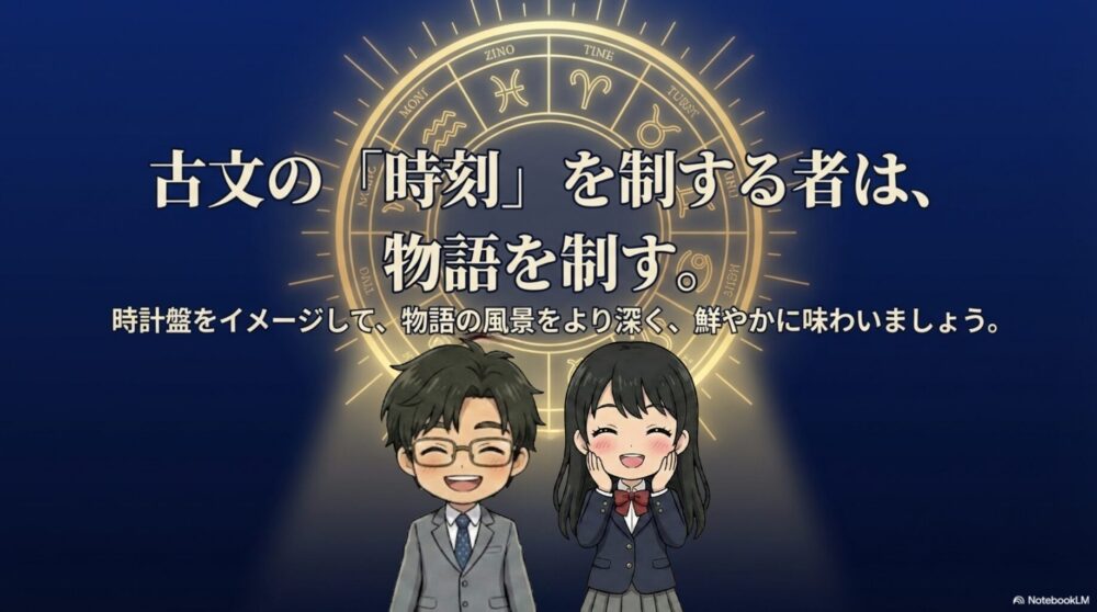 「古文の時刻を制する者は、物語を制す」というメッセージと、時計盤をイメージして物語の風景を味わうことを推奨するまとめのスライド。