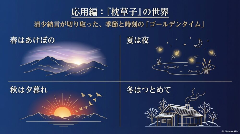 清少納言『枕草子』で描かれた四季の時刻(春の曙、夏の夜の蛍、秋の夕暮れの鳥、冬の早朝の雪景色)を表現した情緒的なイラスト。