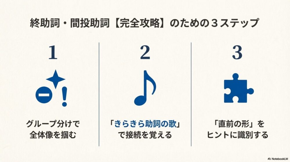 古文の助詞攻略のための3ステップまとめ。1.グループ分けで全体像を掴む、2.きらきら助詞の歌で接続を覚える、3.直前の形をヒントに識別する、という手順を示した図。