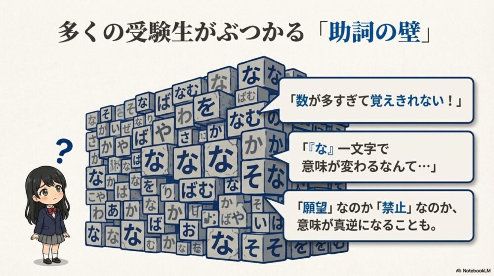 「数が多すぎて覚えきれない！」「『な』一文字で意味が変わるなんて…」と、古文の助詞の多さと複雑さに頭を抱えて困っている女子生徒のイラスト。
