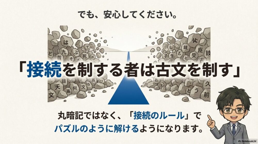 「接続を制する者は古文を制す」という文字と共に、積み重なった岩（助詞）が砕け散るイラスト。丸暗記ではなく接続のルールでパズルのように解けることを表現。