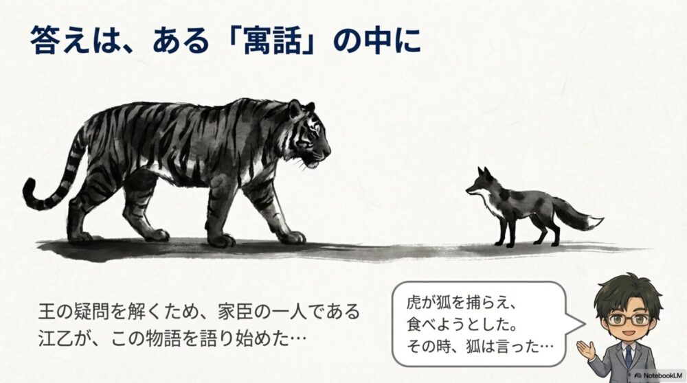 江乙が宣王に対し、「ある寓話」を通して説明を始める場面。