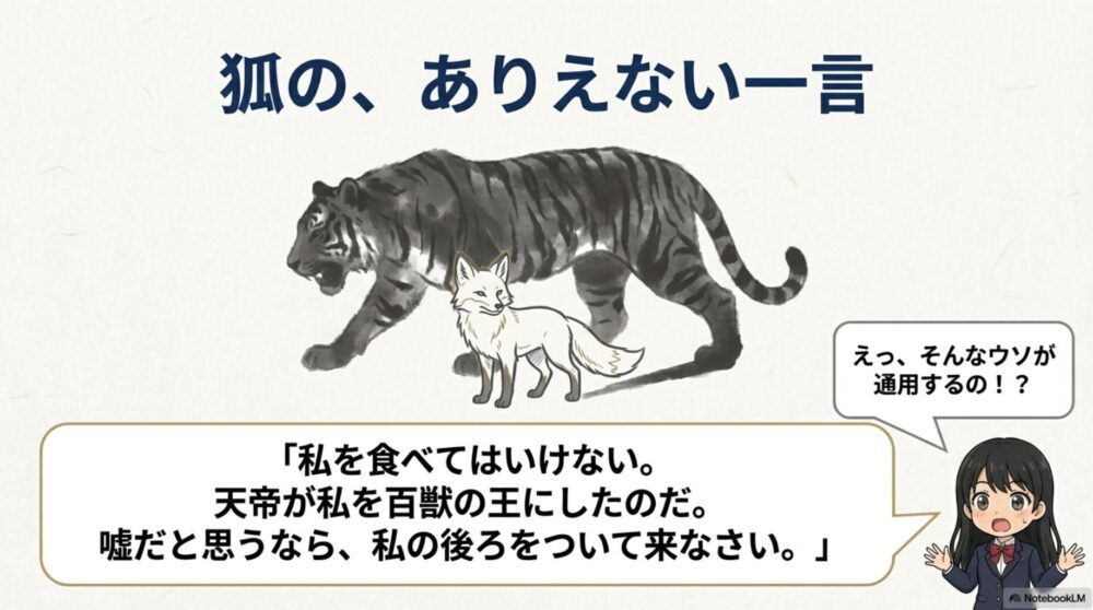 狐が虎に対し、「私を食べてはいけない」と強い禁止の言葉を投げかけるイラスト。