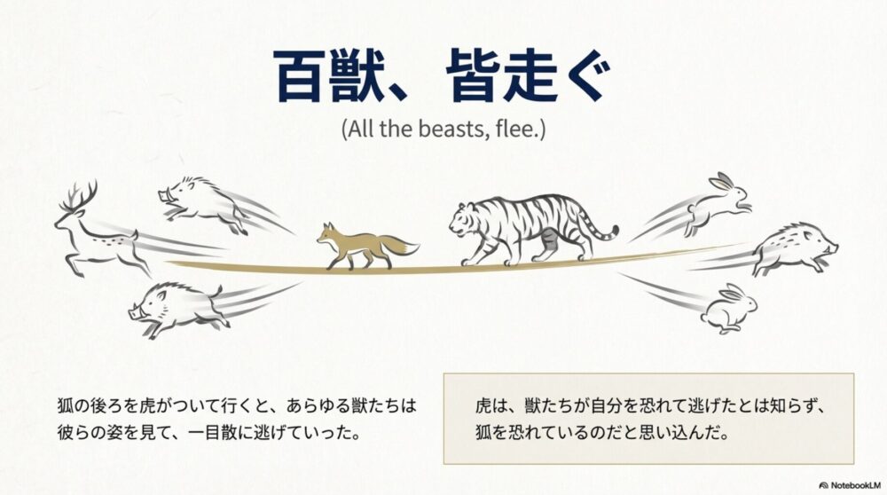 狐の後ろを歩く虎を見て、森の動物たちが一目散に逃げ出しているイラスト。「獣が見たもの」の視覚的な解説。