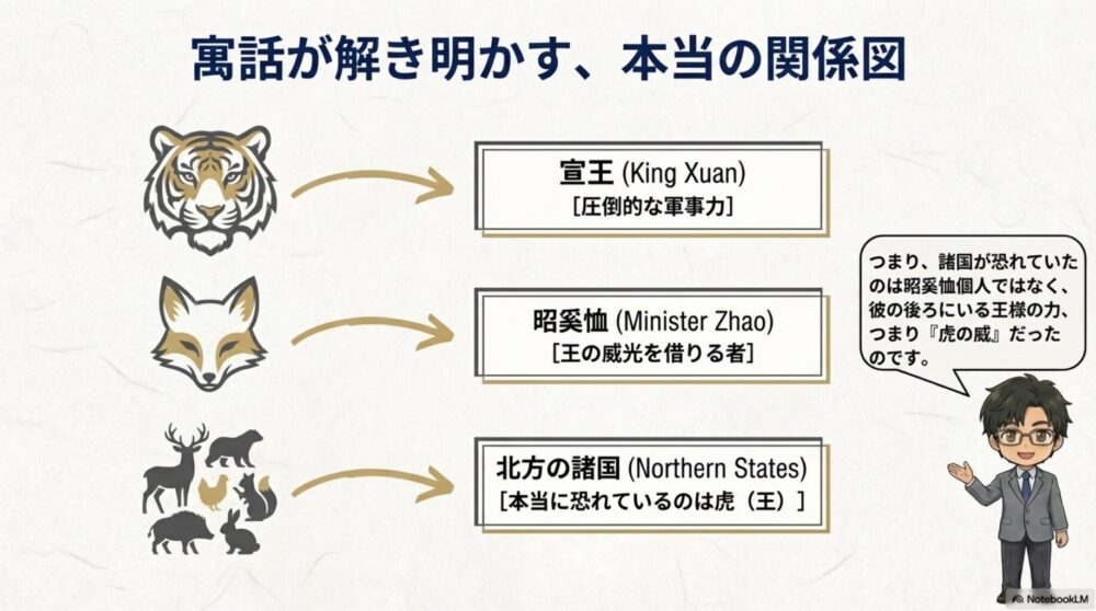 宣王（虎）の圧倒的な軍事力を、昭奚恤（狐）が利用し、北方の諸国（百獣）がそれを恐れているという構図を示した解説図。