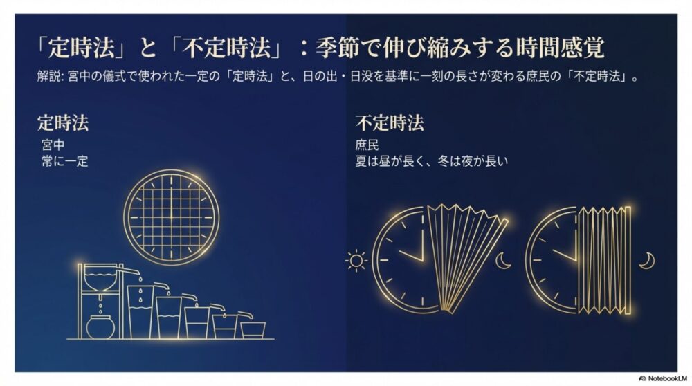 時間の長さが一定の「定時法」の時計と、昼夜の長さによって一刻の長さがアコーディオンのように伸び縮みする「不定時法」の比較イメージ図。