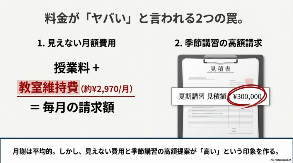 授業料以外にかかる教室維持費と、夏期講習などの季節講習の高額請求が料金を高く感じさせる要因。