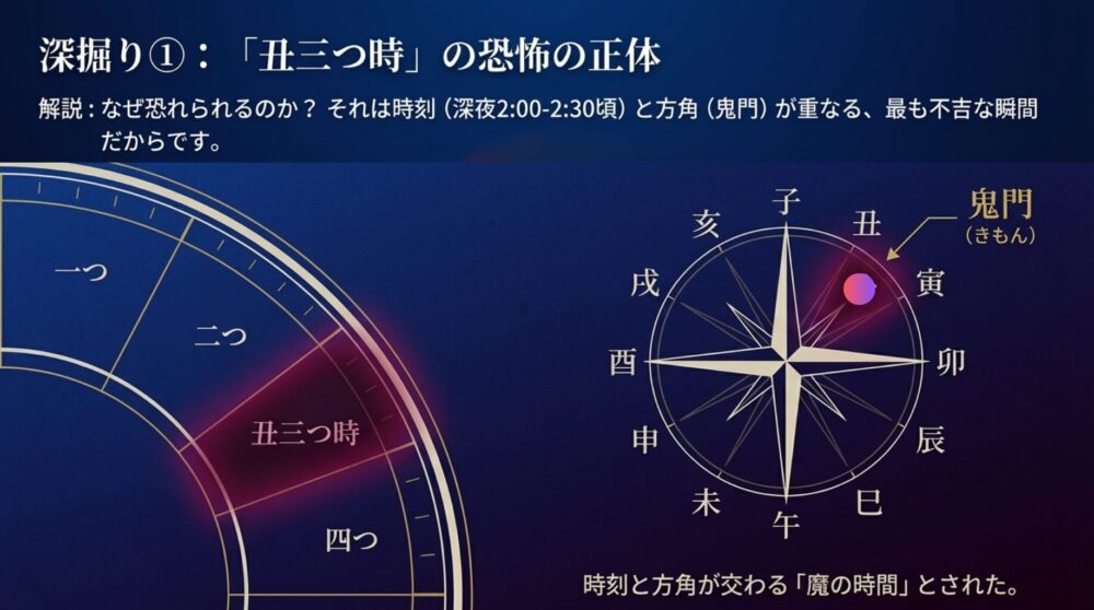 深夜2:00~2:30頃を示す「丑三つ時」の時計盤と、北東(丑と寅の間)の「鬼門」の方角が重なっていることを示すイメージ図。