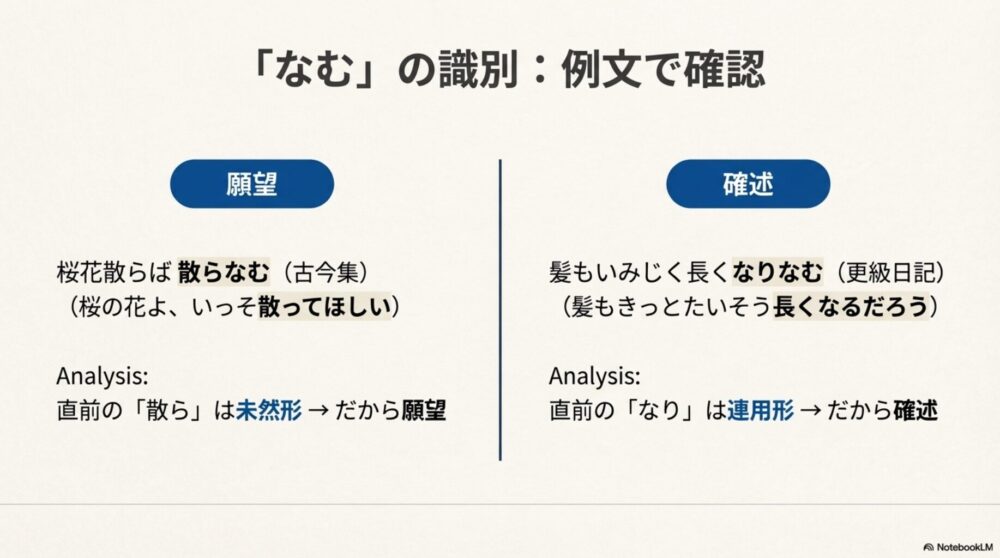 「なむ」の識別の例文解説。「桜花散らば散らなむ（願望）」と「髪もいみじく長くなりなむ（確述）」を例に、直前の活用形から意味を特定するプロセスを示したスライド。