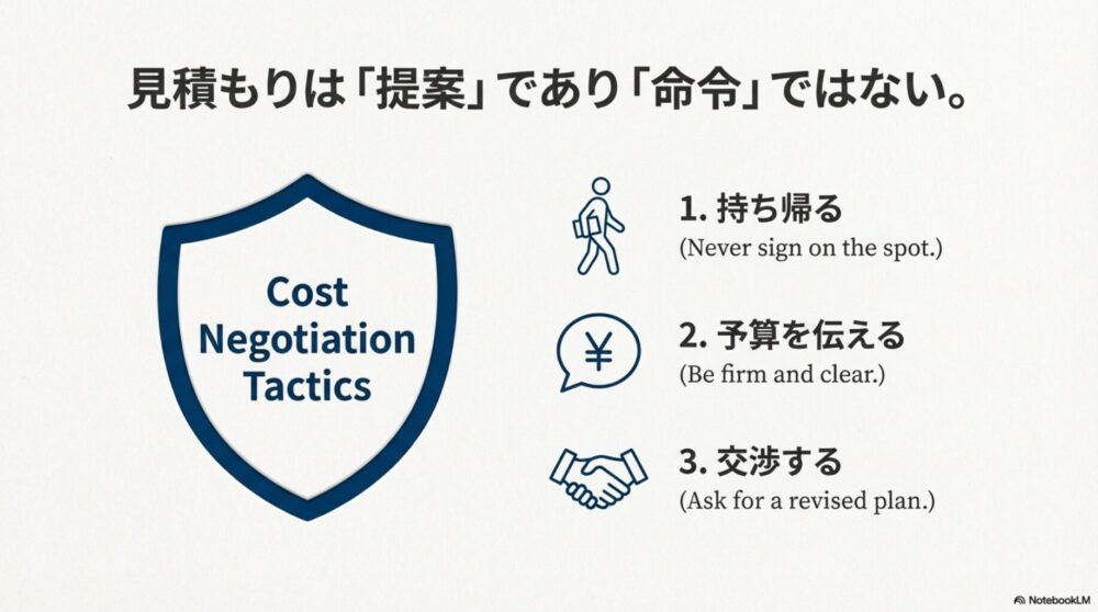 その場で契約せず持ち帰る、予算を伝える、交渉するという、塾の費用を抑えるための3つの防衛策。