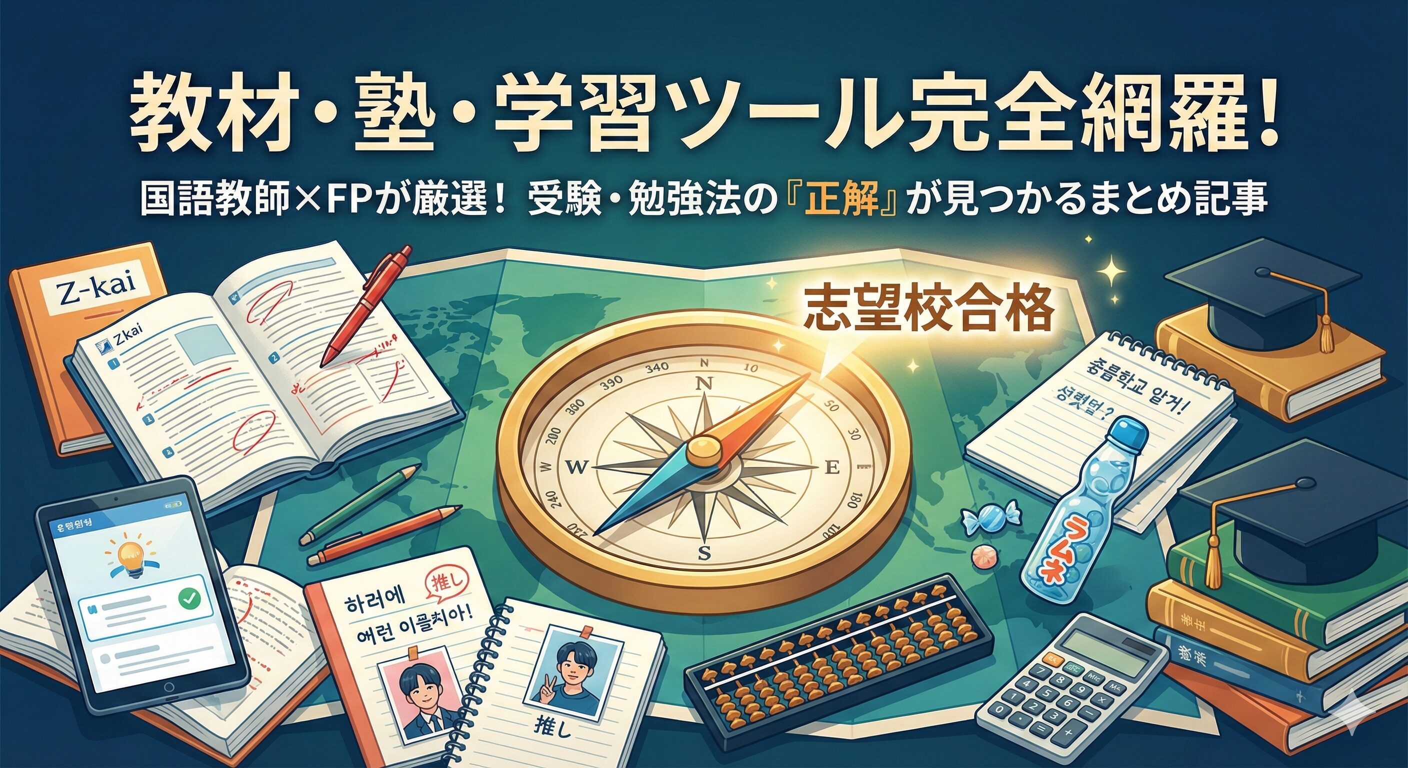 教材や塾、学習ツールをまとめたアイキャッチ画像。