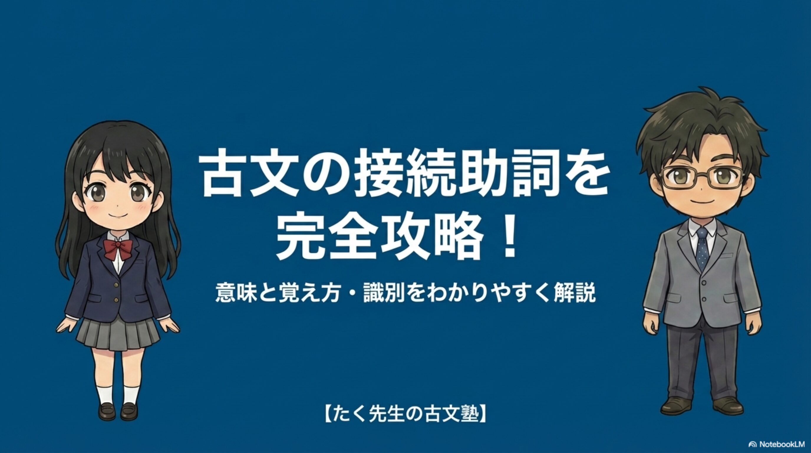 古文の接続助詞を完全攻略するための解説スライド表紙。たく先生とみちかさんのキャラクターイラスト。
