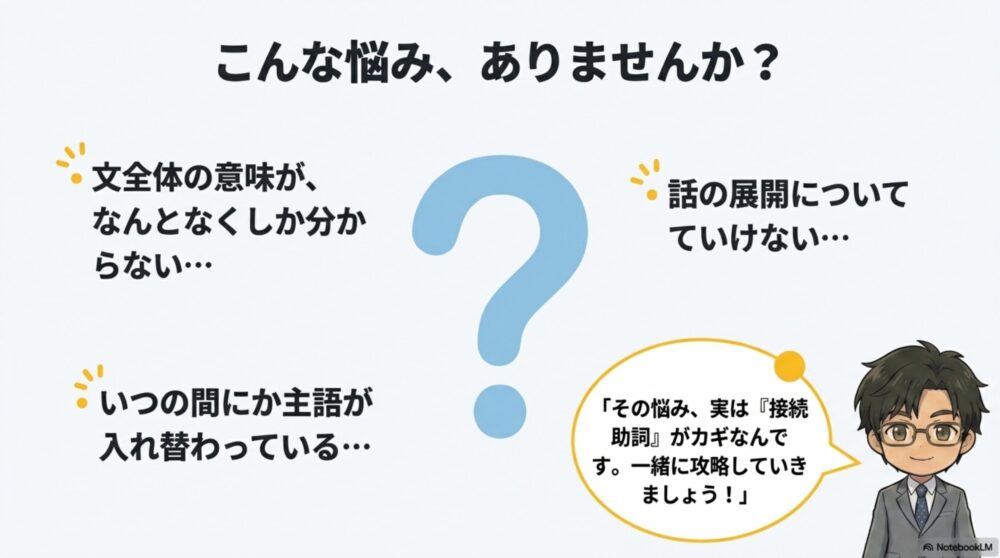 文全体の意味がわからない、いつの間にか主語が変わっている、話の展開についていけないという古文読解の悩み。