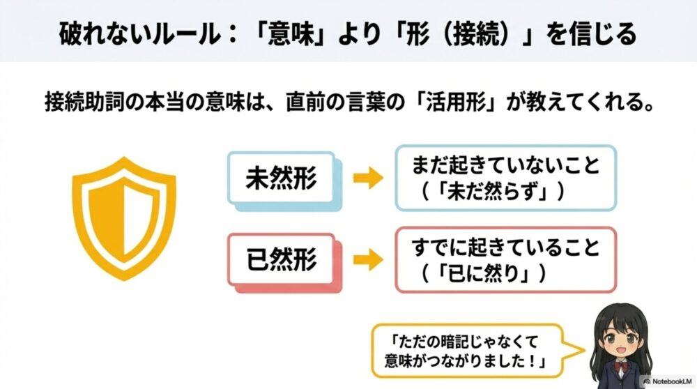 接続助詞の意味は直前の活用形が教えてくれる。「未然形」はまだ起きていないこと、「已然形」はすでに起きていることという解説。