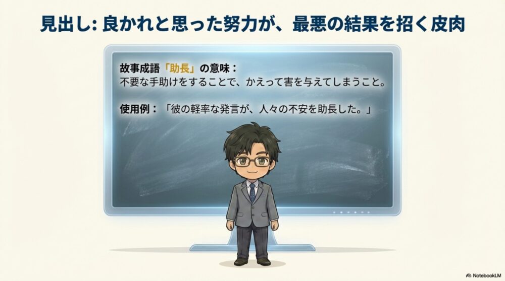 故事成語「助長」の結末と意味。「良かれと思って行った不要な手助けが、かえって害を与える」という教訓と皮肉をまとめた解説スライド。