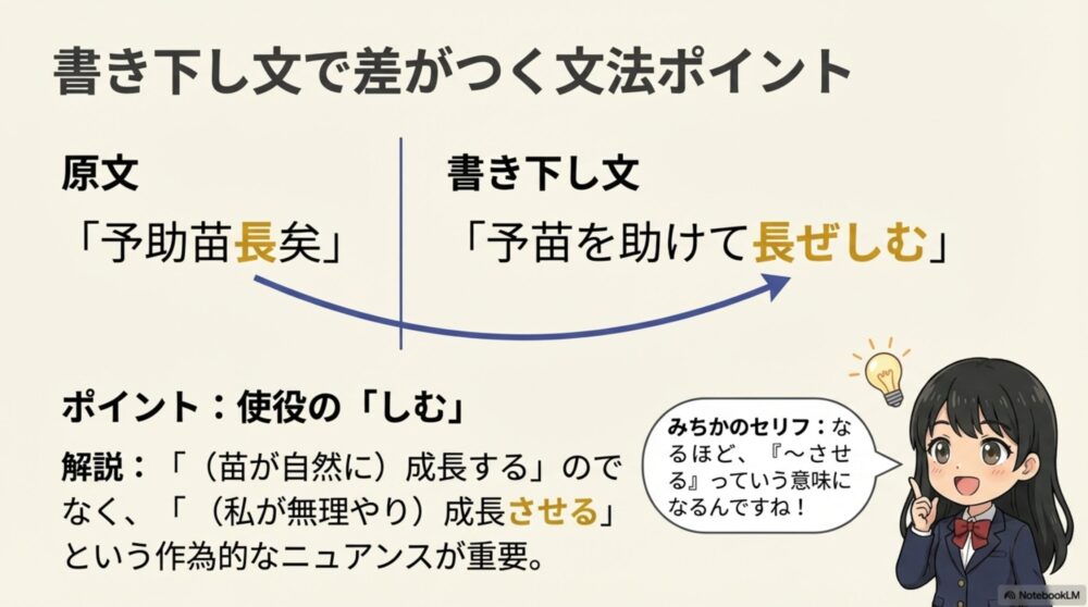 助長の書き下し文「予苗を助けて長ぜしむ」における、使役の助動詞「しむ」の働きとニュアンスを解説したスライド。
