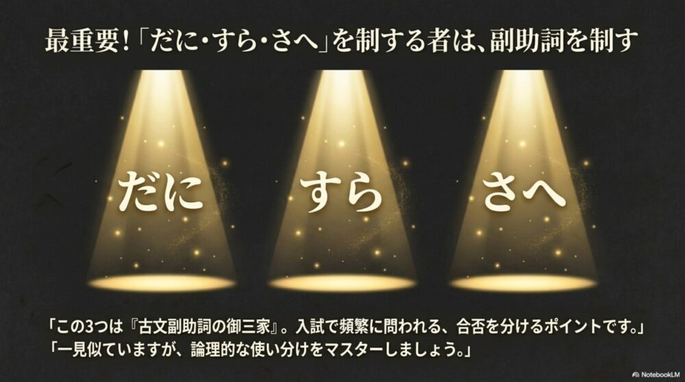 入試頻出の副助詞「だに・すら・さへ」を制する重要性を強調したスライド