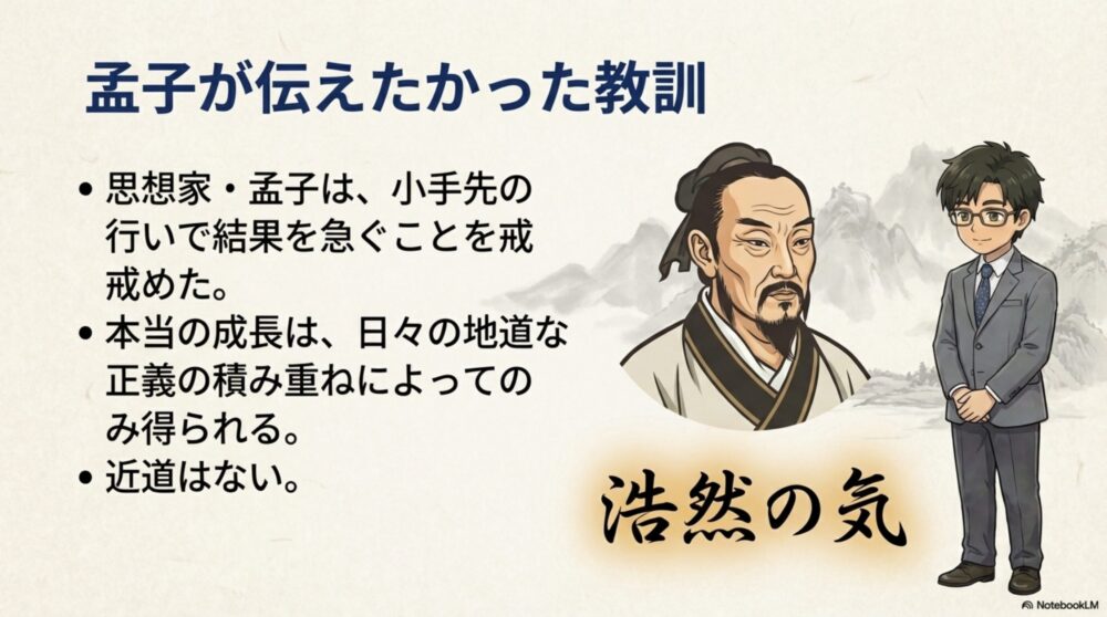 孟子が伝えたかった「浩然の気」と、結果を焦らず地道な努力（集義）を積み重ねることの重要性を説いた解説スライド。