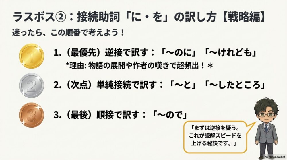 接続助詞「に・を」の訳し方優先順位。1.逆接（～のに）、2.単純接続（～と）、3.順接（～ので）の順で考える戦略。