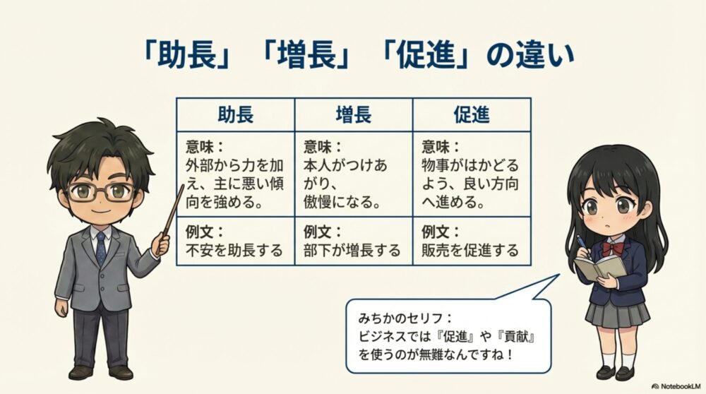 似ている言葉「助長」「増長」「促進」の意味の違いと、ビジネスや日常での正しい使い分けを表にまとめた解説スライド。
