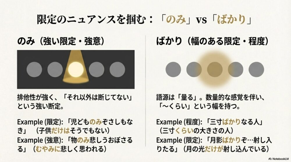 「のみ」の強い限定と「ばかり」の程度を含む限定の違いを比較・解説したスライド