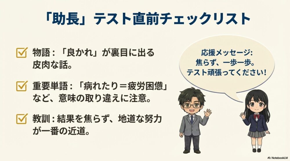 助長のあらすじ、教訓、重要単語（病れたり等）を一目で確認できる、テスト直前復習用のまとめスライド。