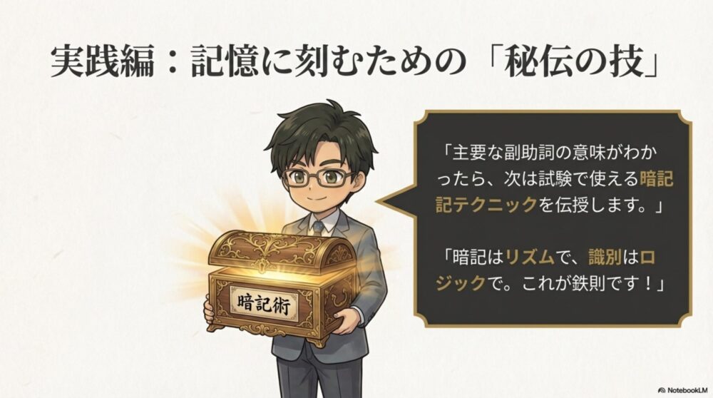 暗記はリズムで、識別はロジックで行うという学習方針を示したたく先生のイラスト