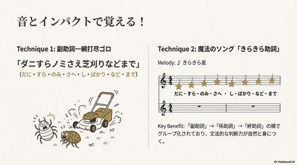 「ダニすらノミさえ芝刈りなどまで」という語呂合わせと、きらきら星のリズムで覚える方法のイラスト