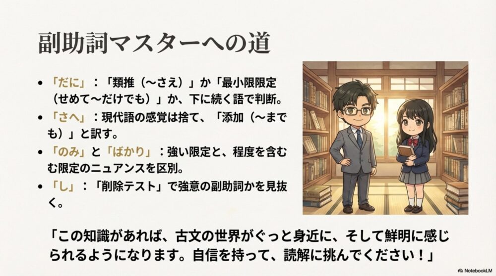 だに・さへ・のみ・し等の重要ポイントを総括したたく先生とみちかのイラスト