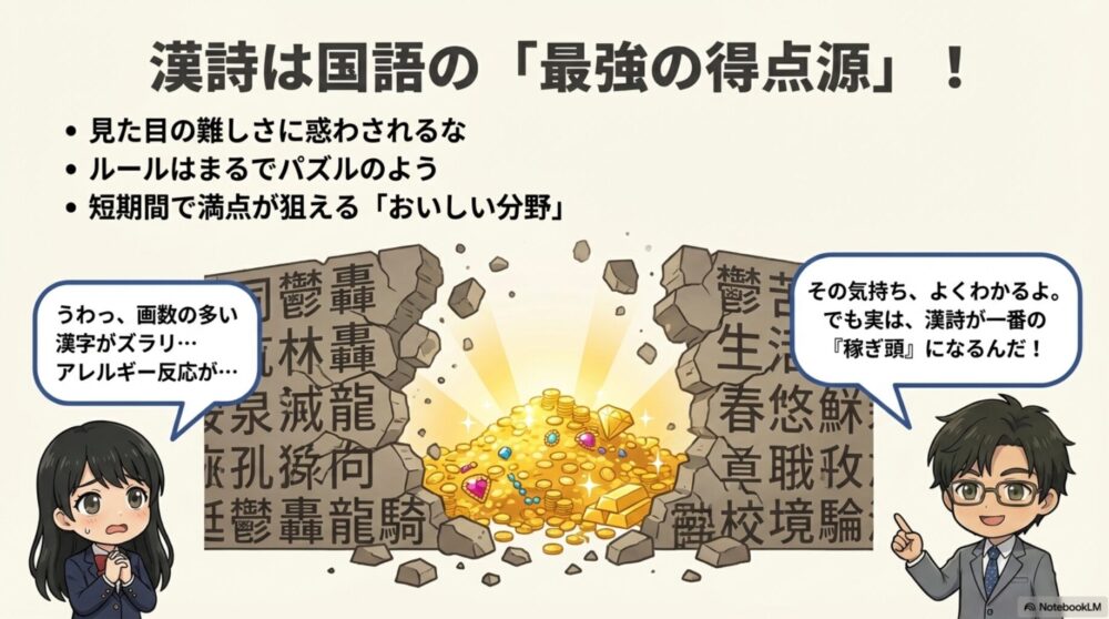 漢詩は国語の最強の得点源。難しそうに見えてもパズルのようなルールがあることを解説するイラスト