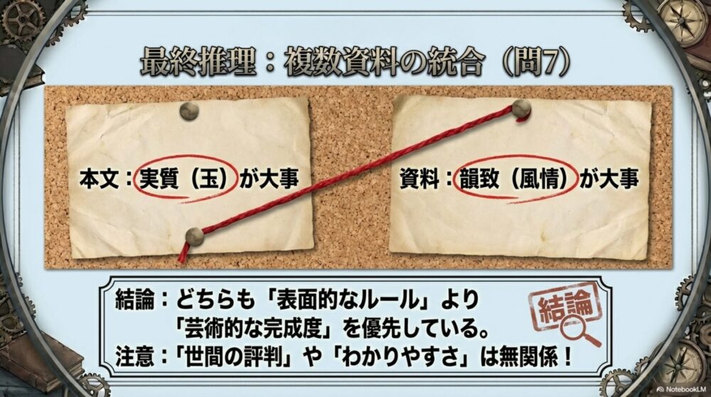 本文の「実質」と資料の「韻致」を統合して結論を導く思考プロセス
