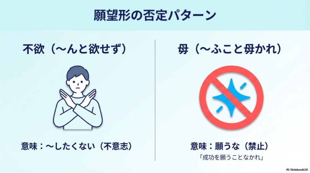 願望形の否定パターン。「不欲(~したくない)」と「~することなかれ(禁止)」の解説