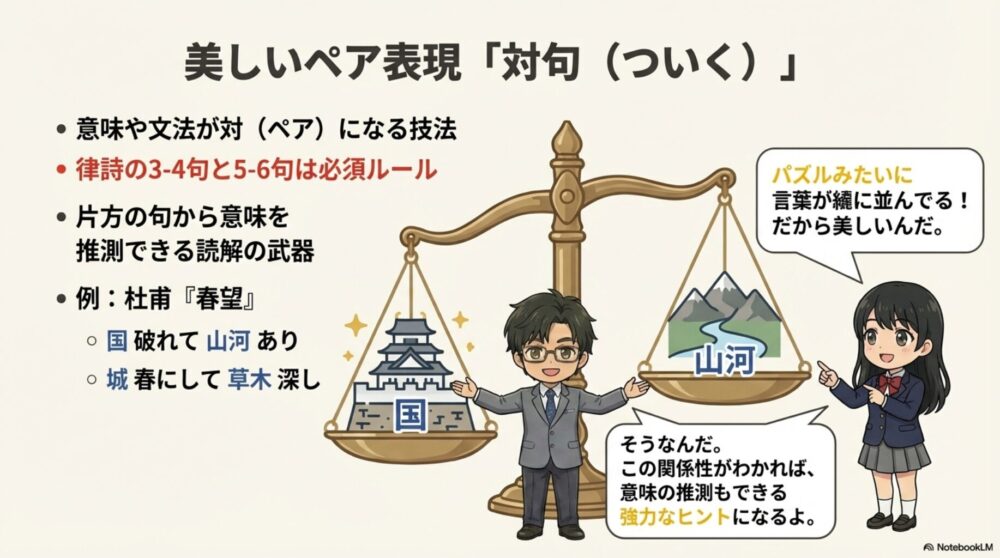 漢詩の対句（ついく）の技法。杜甫「春望」の「国破れて山河あり」を例にした対比構造の解説