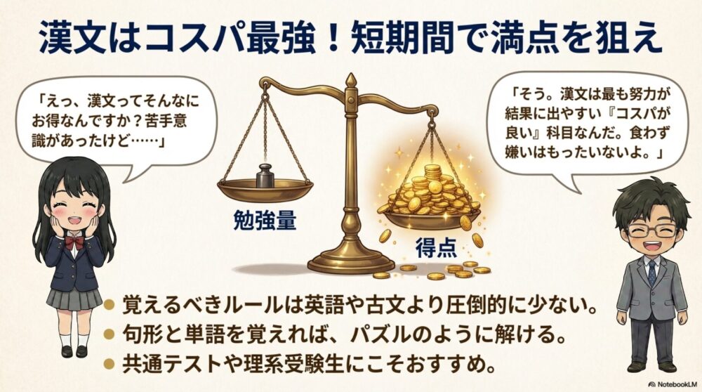 漢文はコスパ最強！短期間で満点を狙え｜勉強量と得点のバランス