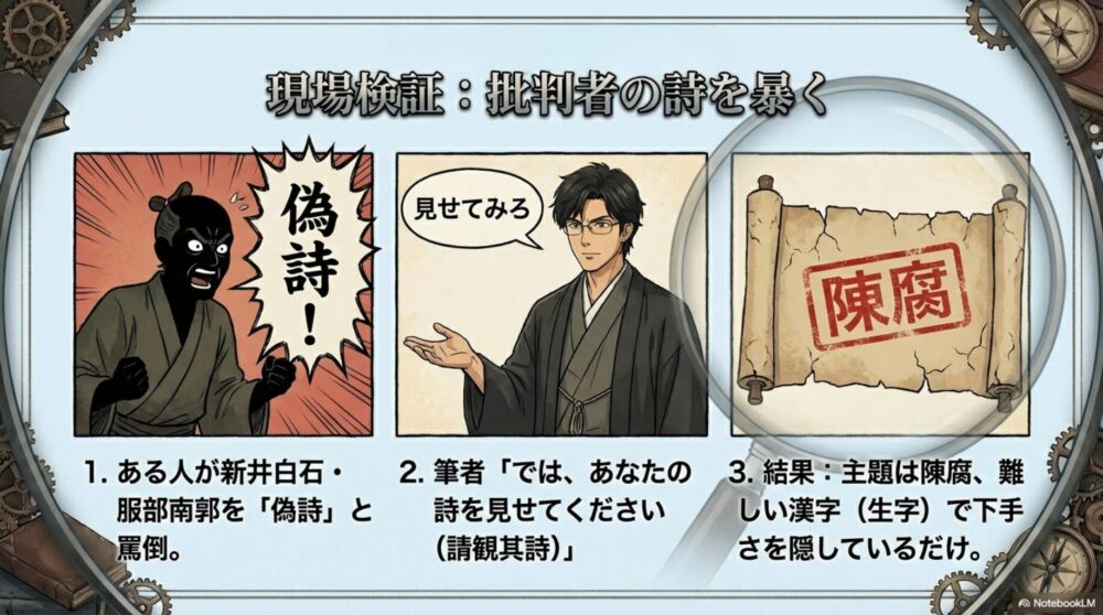 新井白石らを批判する人物の詩が陳腐であることを暴く場面の図解