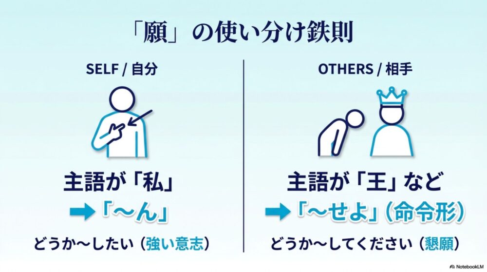 「願」の使い分けイラスト。主語が自分なら「~ん」、相手なら「~せよ」