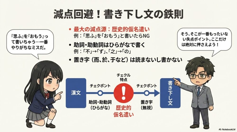 書き下し文の鉄則。歴史的仮名遣いや助詞・助動詞のひらがな表記、置き字のルールなどの減点回避ポイント