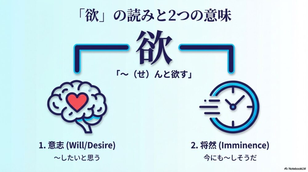 「欲」が持つ2つの意味、意志(Heart)と将然(Time)のイメージアイコン