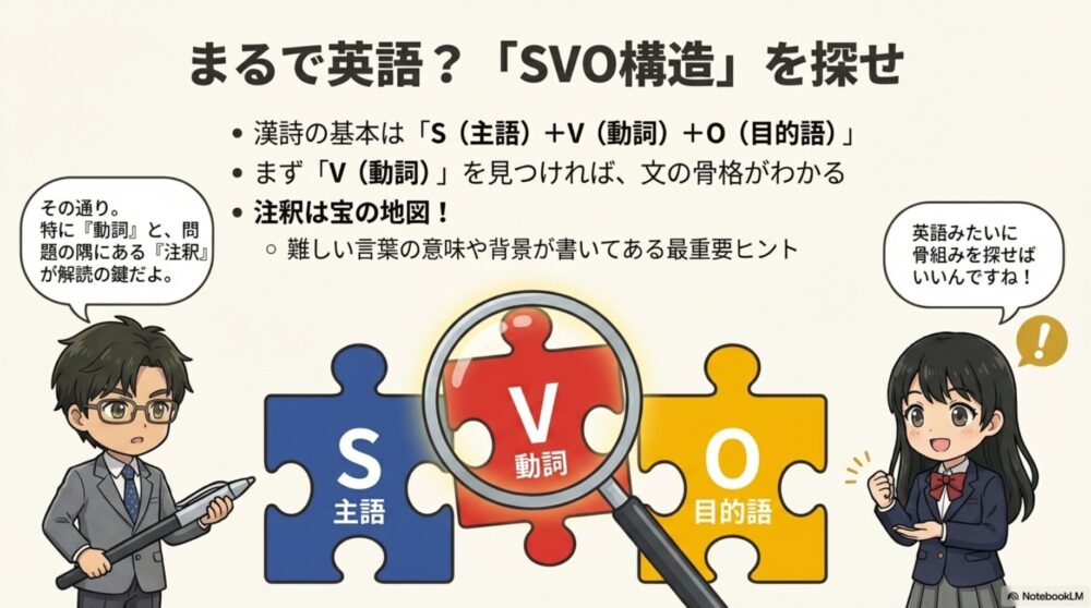 漢詩の読解テクニック。英語のようなSVO構造（主語・動詞・目的語）と注釈の活用法
