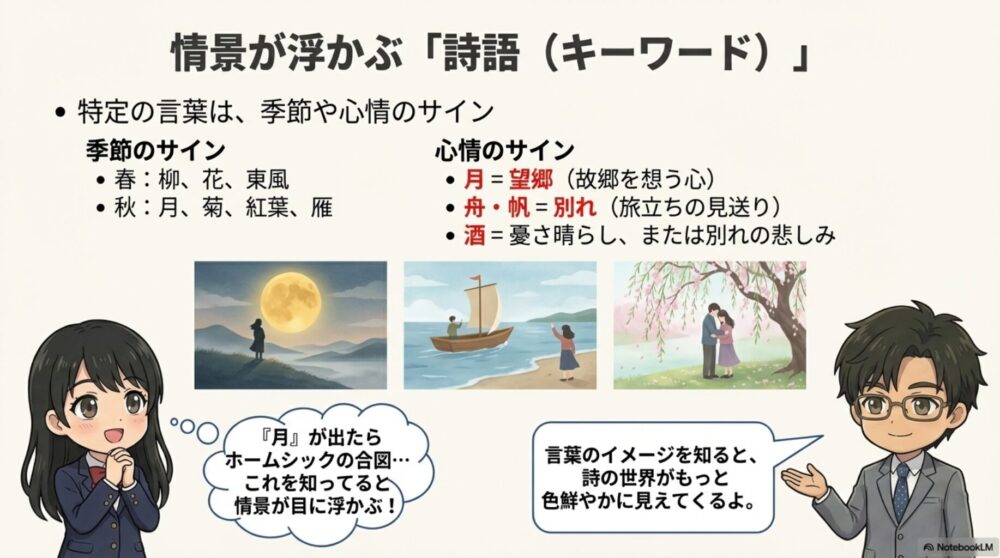 漢詩の詩語（キーワード）解説。月は望郷、柳は春の別れなど、情景が浮かぶ言葉のサイン