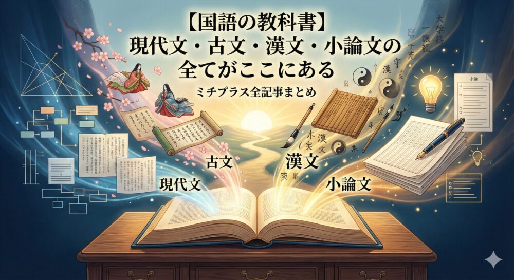 国語学習記事まとめページのアイキャッチ画像。中央の開かれた本から、現代文（論理図、活字）、古文（平安衣装の人物、桜、巻物）、漢文（筆、木簡、陰陽魚）、小論文（原稿用紙、ペン、電球）を象徴する光と要素が飛び出し、一つの道へと統合されている。背景には「【国語の教科書】現代文・古文・漢文・小論文の全てがここにある」「ミチプラス全記事まとめ」というタイトル文字が配置されている。