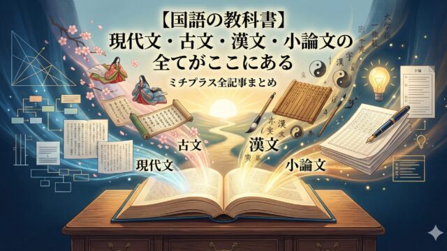 国語学習記事まとめページのアイキャッチ画像。中央の開かれた本から、現代文（論理図、活字）、古文（平安衣装の人物、桜、巻物）、漢文（筆、木簡、陰陽魚）、小論文（原稿用紙、ペン、電球）を象徴する光と要素が飛び出し、一つの道へと統合されている。背景には「【国語の教科書】現代文・古文・漢文・小論文の全てがここにある」「ミチプラス全記事まとめ」というタイトル文字が配置されている。