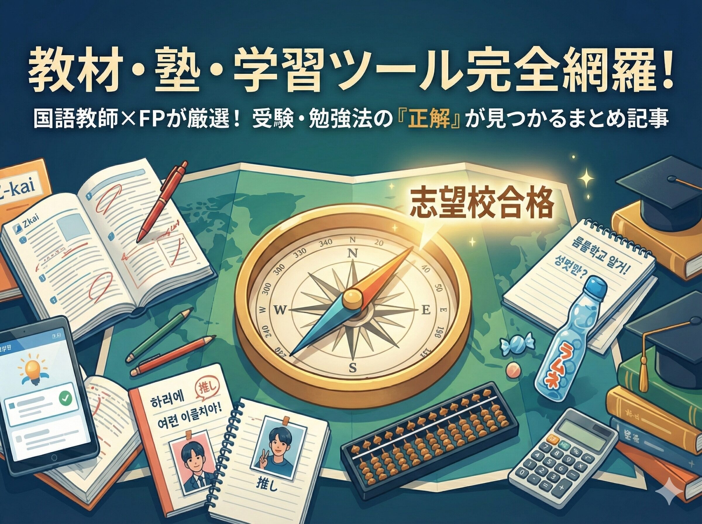 教材や塾、学習ツールをまとめたアイキャッチ画像。