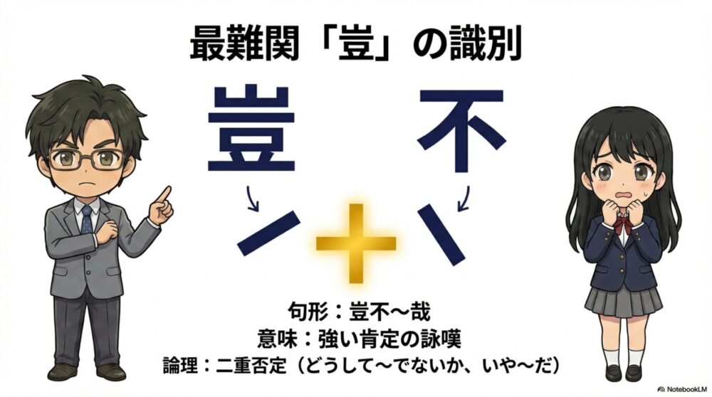 「豈不〜哉」の形は二重否定による強い肯定の詠嘆であることを示す図解